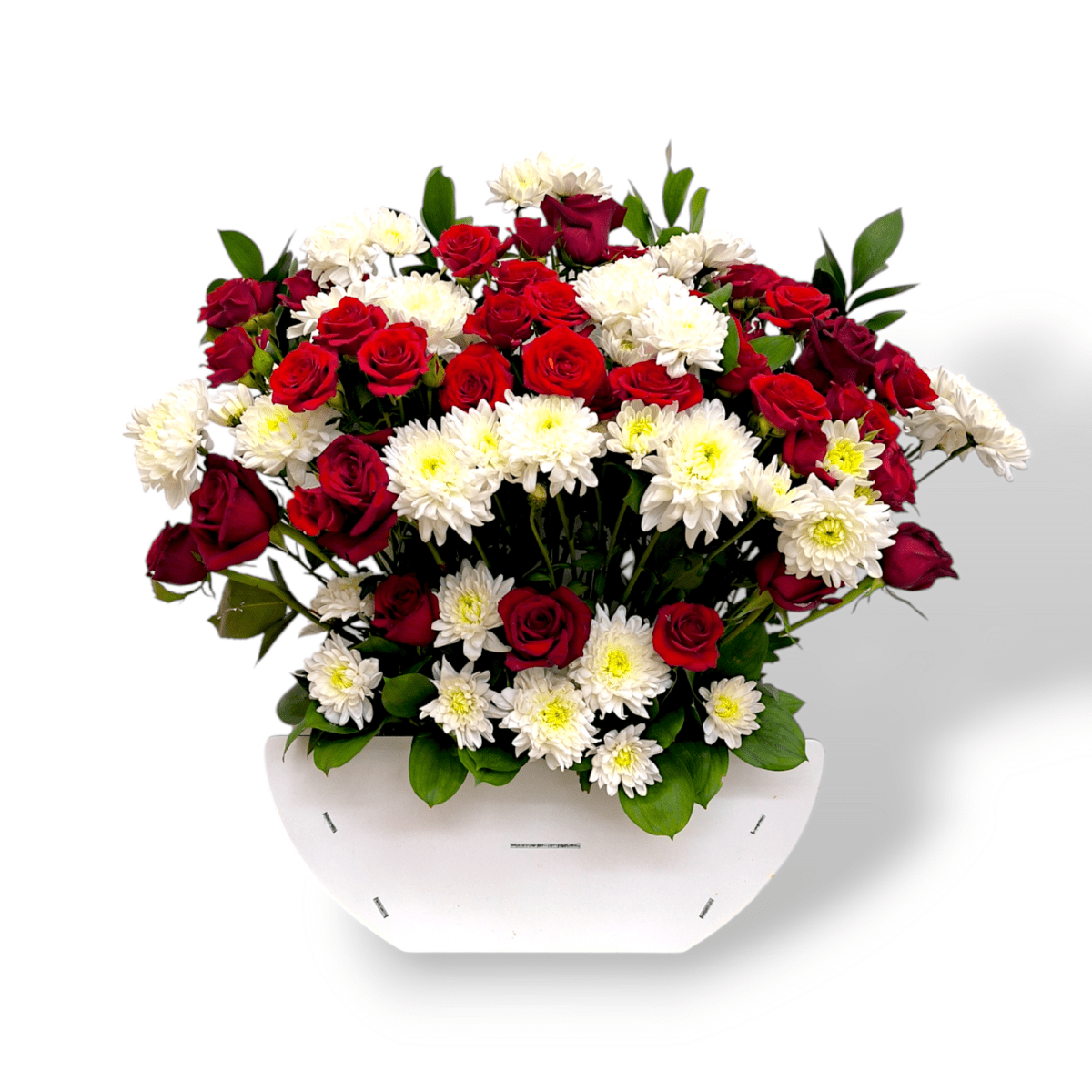 Baby red roses with white chrysanthemums, floral arrangement in white wooden vase, red and white flower decor, elegant centerpiece, fresh flowers in wooden vase