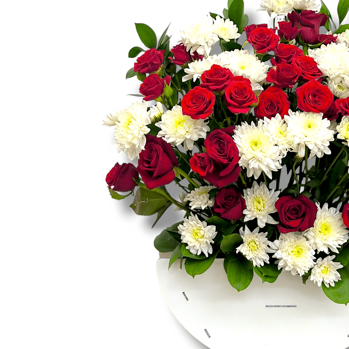 Baby red roses with white chrysanthemums, floral arrangement in white wooden vase, red and white flower decor, elegant centerpiece, fresh flowers in wooden vase