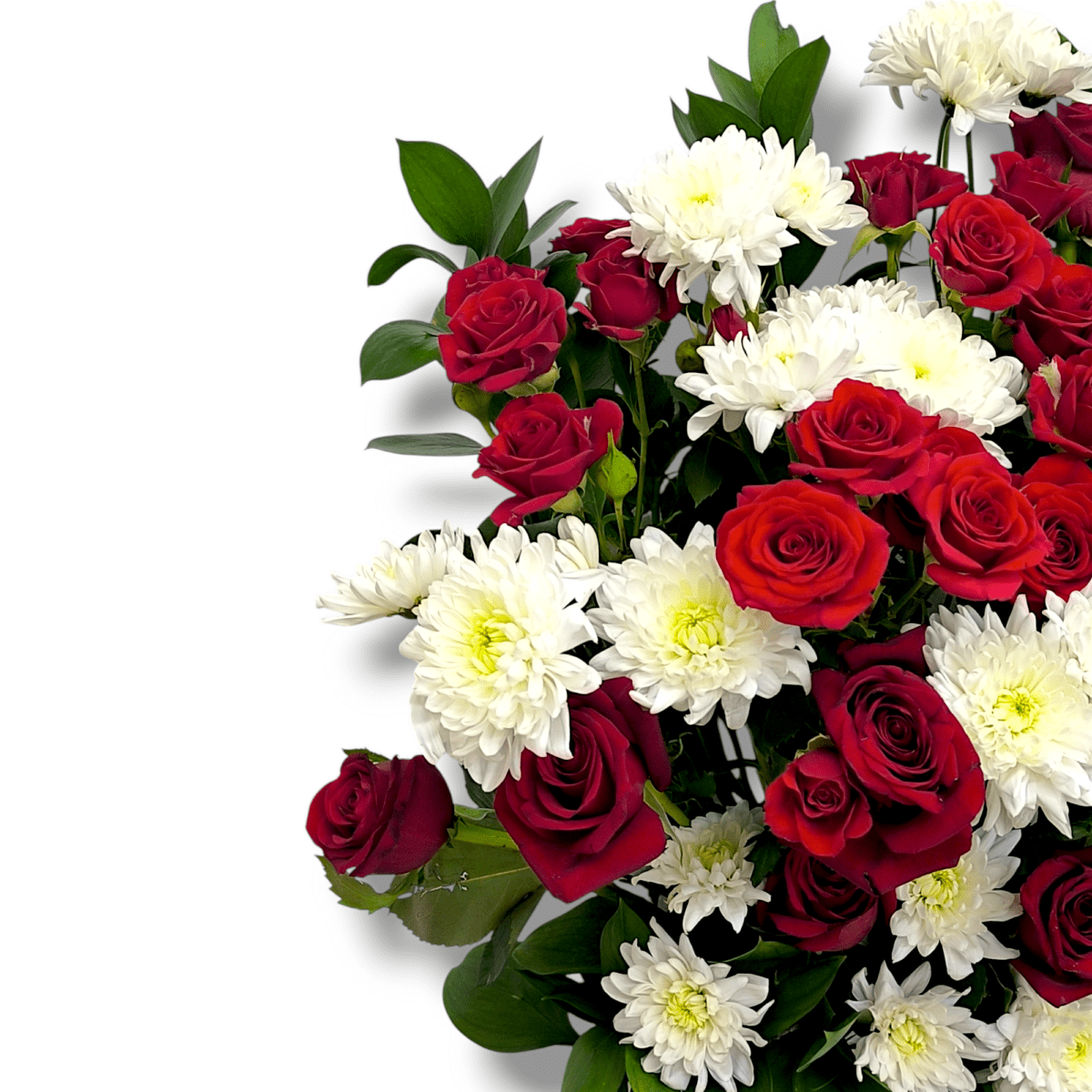 Baby red roses with white chrysanthemums, floral arrangement in white wooden vase, red and white flower decor, elegant centerpiece, fresh flowers in wooden vase