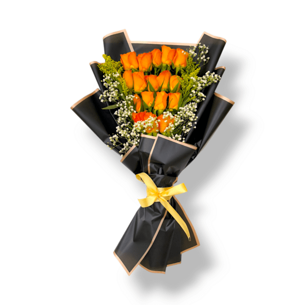 Orange rose bouquet, hand bouquet with gypsy flowers, 16 orange roses with green leaves, romantic floral arrangement, satin ribbon flower bouquet