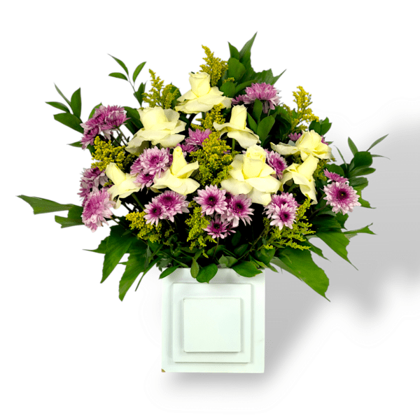 Lime green rose and magenta chrysanthemum arrangement, floral centerpiece in white wooden base, elegant flower display, fresh rose and chrysanthemum bouquet, modern floral home decor