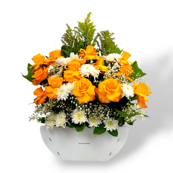 Yellow rose and chrysanthemum arrangement, floral centerpiece in wooden base, elegant yellow and white flower display, fresh floral home decor, wedding table centerpiece