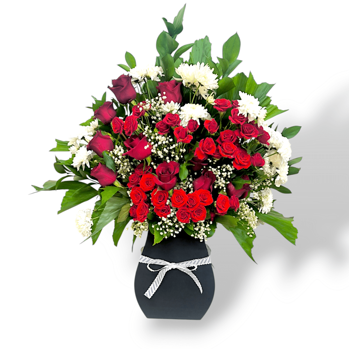 Red baby rose and white chrysanthemum arrangement with green fillers, floral centerpiece in WPC pot, romantic flower bouquet, fresh flower decor, elegant floral display