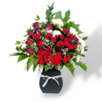 Red baby rose and white chrysanthemum arrangement with green fillers, floral centerpiece in WPC pot, romantic flower bouquet, fresh flower decor, elegant floral display