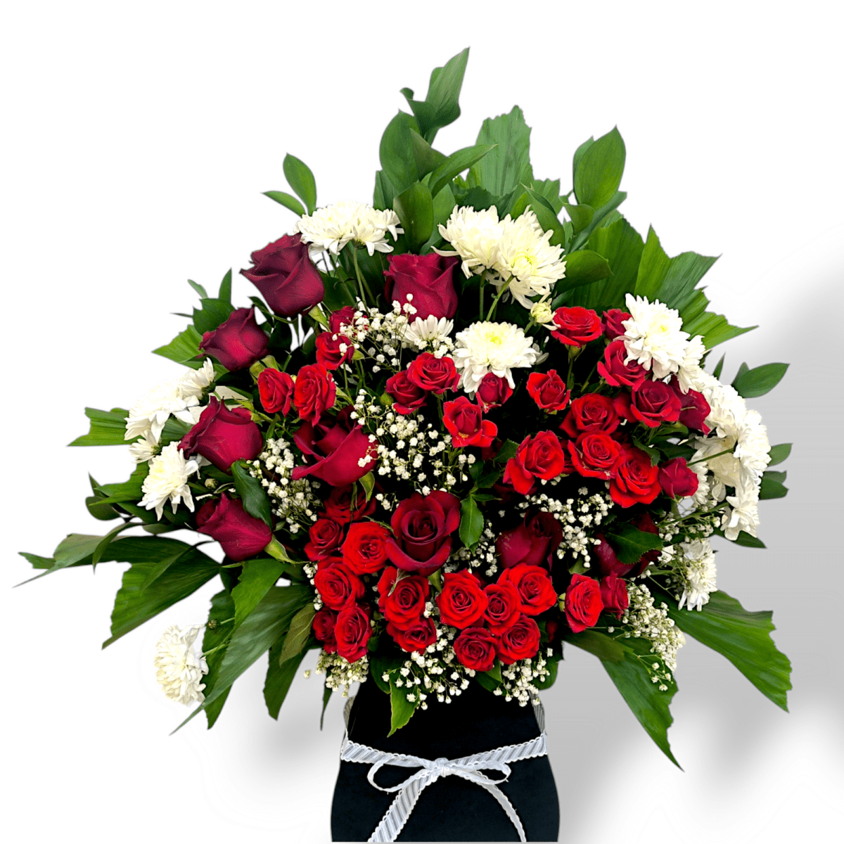 Red baby rose and white chrysanthemum arrangement with green fillers, floral centerpiece in WPC pot, romantic flower bouquet, fresh flower decor, elegant floral display