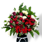 Red baby rose and white chrysanthemum arrangement with green fillers, floral centerpiece in WPC pot, romantic flower bouquet, fresh flower decor, elegant floral display