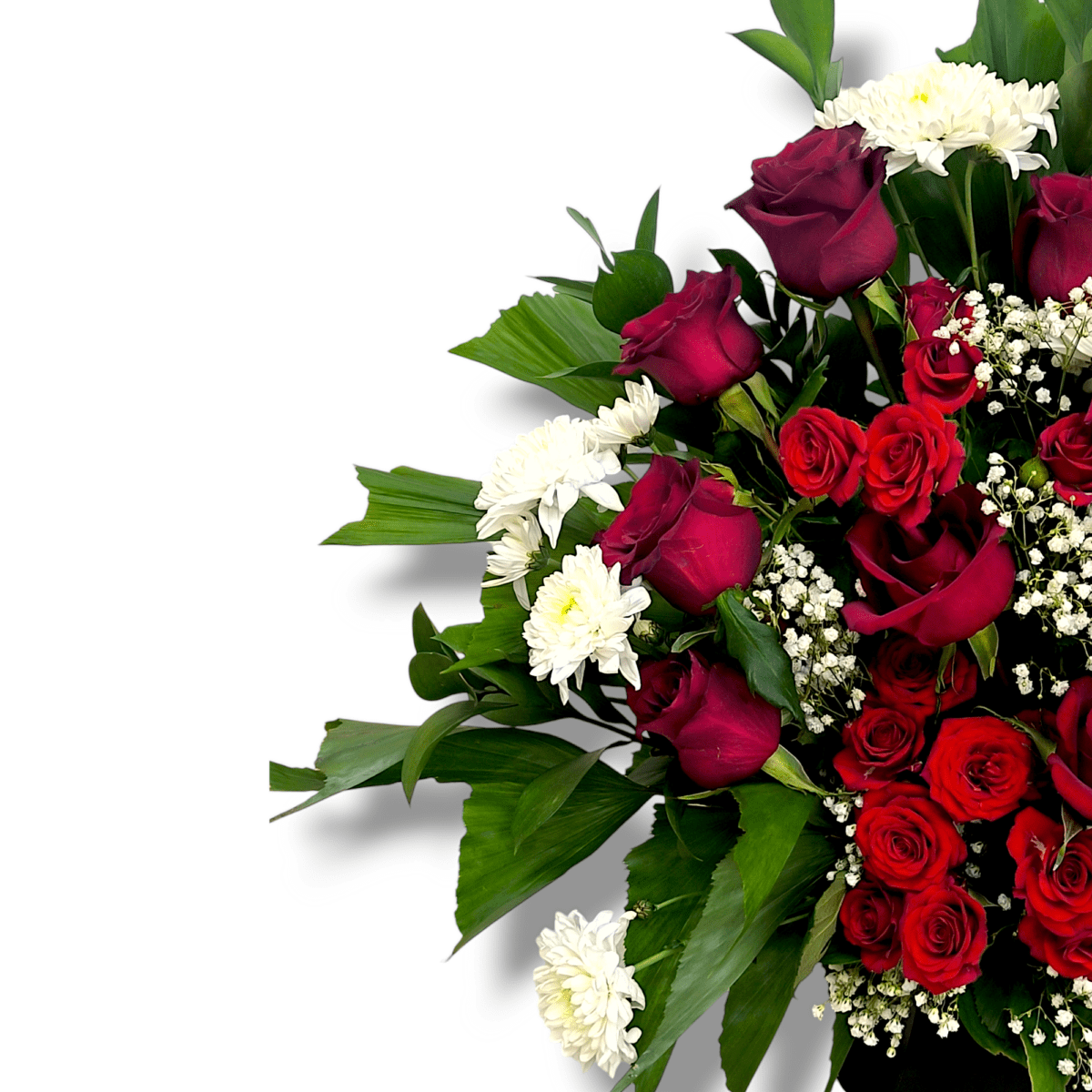 Red baby rose and white chrysanthemum arrangement with green fillers, floral centerpiece in WPC pot, romantic flower bouquet, fresh flower decor, elegant floral display