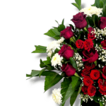 Red baby rose and white chrysanthemum arrangement with green fillers, floral centerpiece in WPC pot, romantic flower bouquet, fresh flower decor, elegant floral display