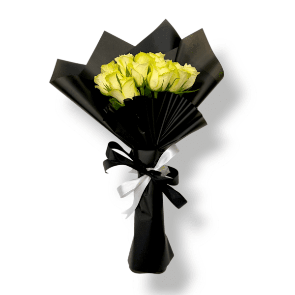 Lime green rose bouquet, black paper wrapped rose bouquet, fresh 15PC lime green roses, elegant floral arrangement, luxury flower gift