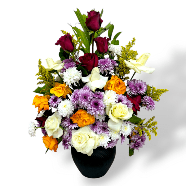 Fresh flower centerpiece with roses and chrysanthemums, floral arrangement in plastic pot, elegant fresh flower display, table decor with fresh flowers, romantic floral arrangement