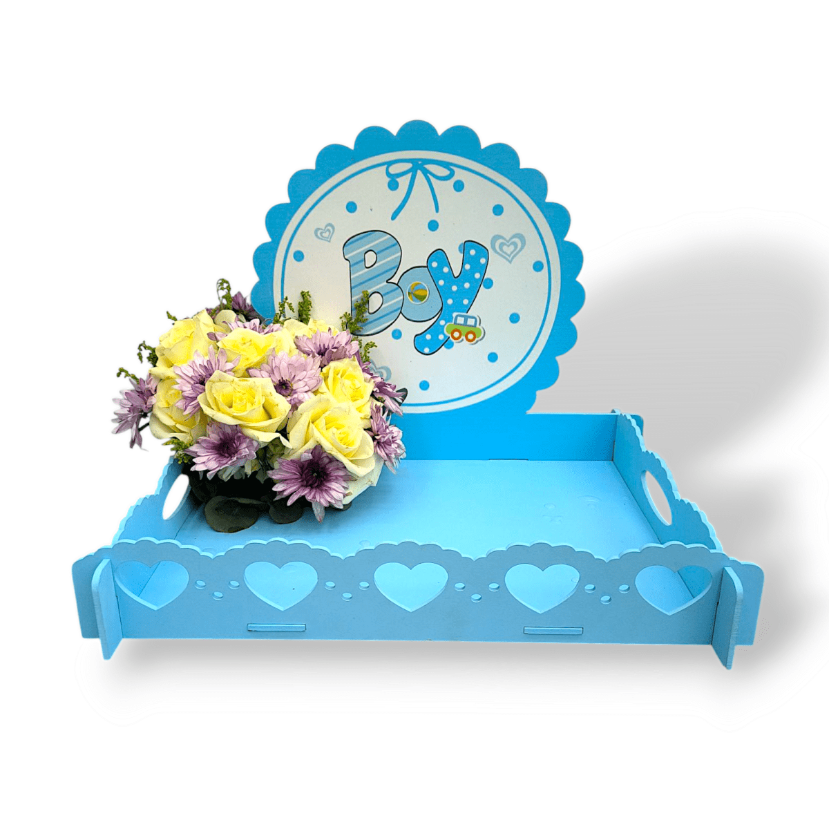 Blue baby tray with flower decoration, baby shower tray with sweets, chocolate gift tray with flowers, blue floral tray for baby boy, gift display tray