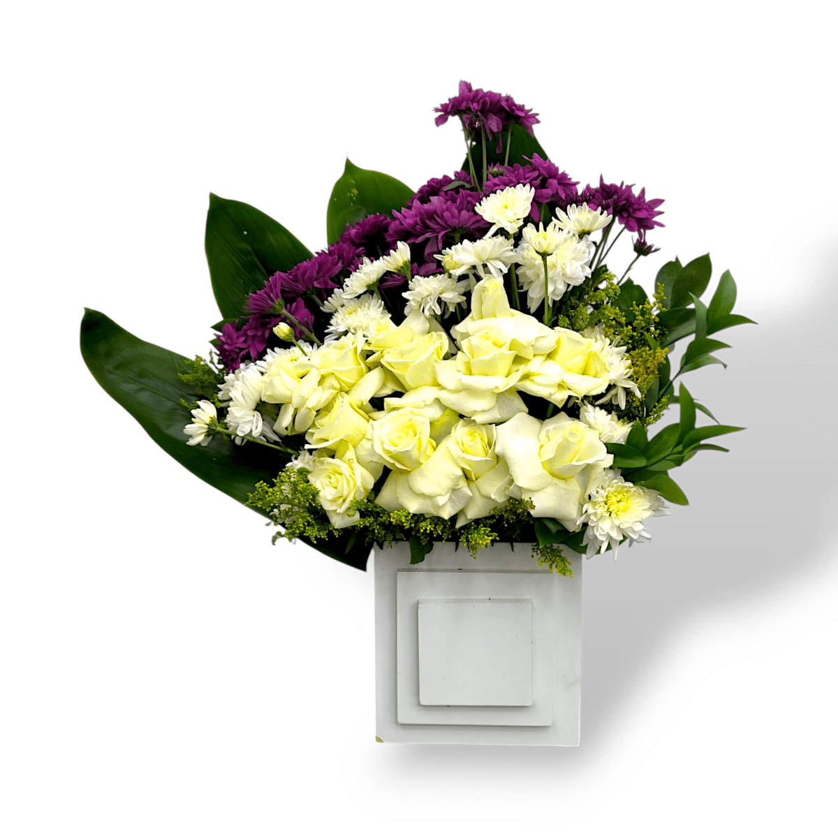 White wooden square flower arrangement, rustic square floral centerpiece, wooden box with flowers, white square vase with bouquet, minimalist flower decor