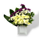 White wooden square flower arrangement, rustic square floral centerpiece, wooden box with flowers, white square vase with bouquet, minimalist flower decor