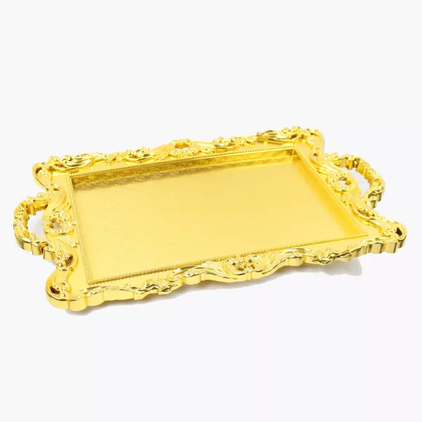 decorative gold plastic serving tray, ornate gold tray with handles, elegant serving tray gold color, plastic gold tray 42x30 cm, gold ornate decorative tray