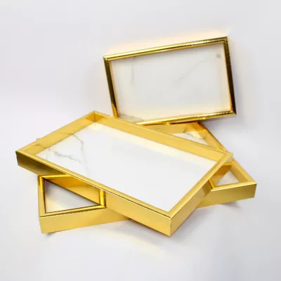 wooden gold rectangular tray set, 3-piece marble texture trays, large medium small serving trays, decorative wooden tray set, luxury nesting trays