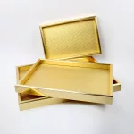 wooden gold rectangular tray set, large medium small serving trays, nesting wooden trays, decorative gold tray set, luxury serving trays