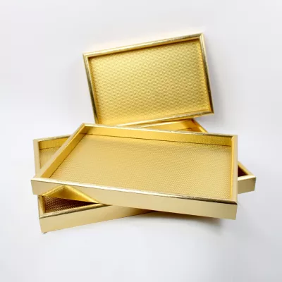 wooden gold rectangular tray set, large medium small serving trays, nesting wooden trays, decorative gold tray set, luxury serving trays