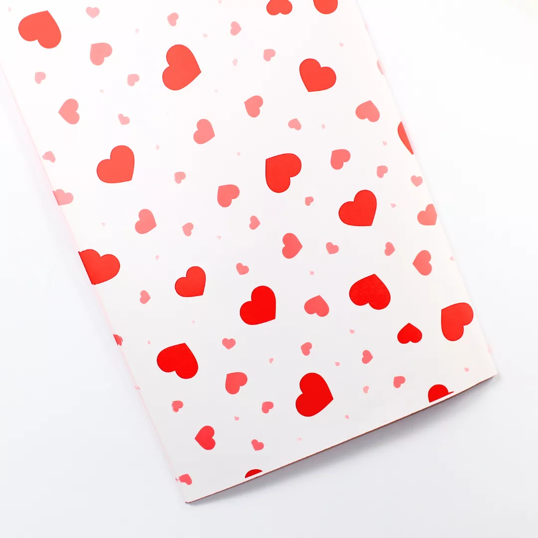 62 red heart printed plastic wrapping paper, Valentine bouquet wrap, romantic floral wrapping sheet, waterproof gift wrap hearts, flower gift packaging