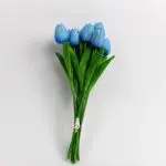 Artificial blue tulip bouquet with 10 lifelike stems and green leaves