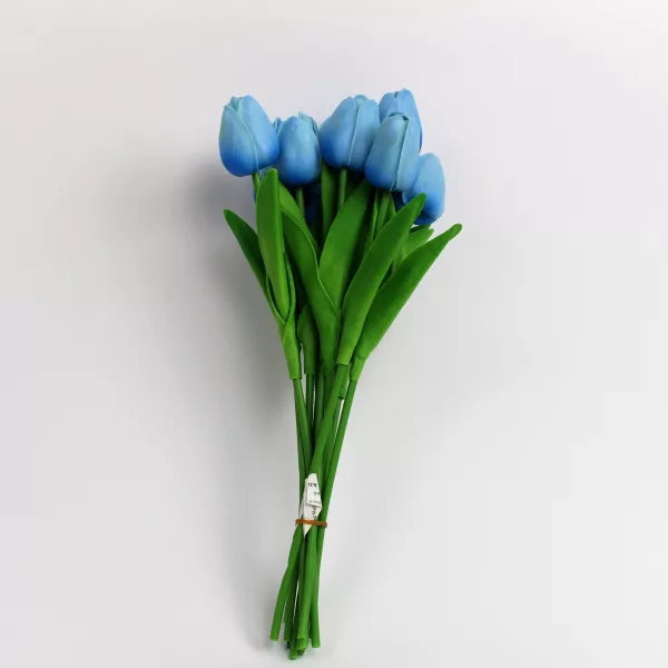 Artificial blue tulip bouquet with 10 lifelike stems and green leaves