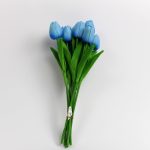 Artificial blue tulip bouquet with 10 lifelike stems and green leaves
