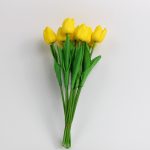 Artificial yellow tulip bouquet with 10 lifelike stems and green leaves