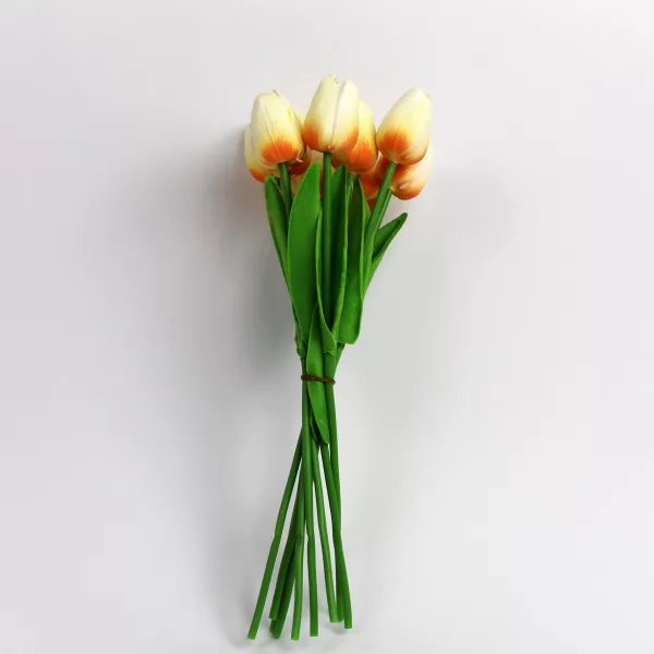 Artificial tulip bouquet with 10 lifelike stems and green leaves