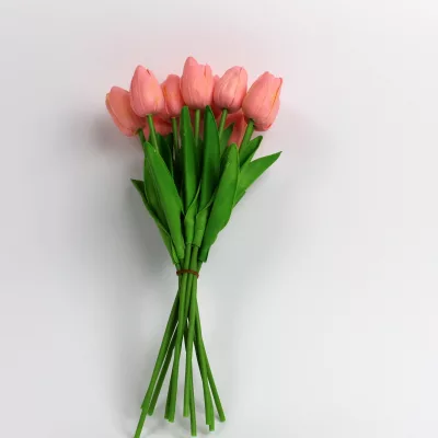 Artificial pink tulip bouquet with 10 lifelike stems and green leaves