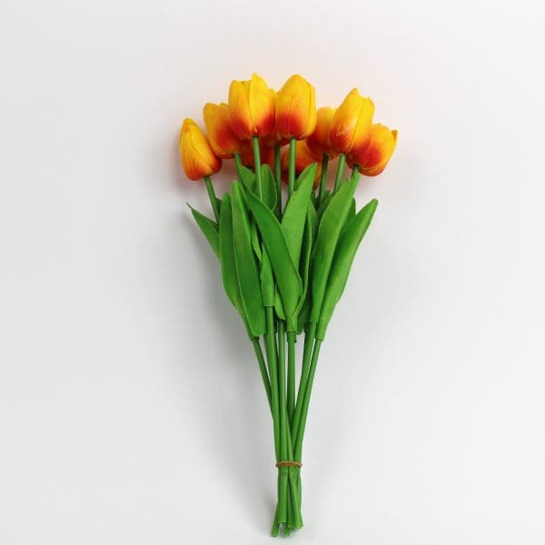 Artificial tulip bouquet with 10 lifelike stems and green leaves