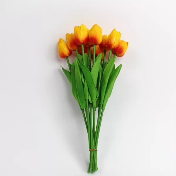 Artificial tulip bouquet with 10 lifelike stems and green leaves