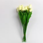 Artificial beige tulip bouquet with 10 lifelike stems and green leaves
