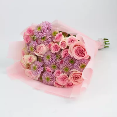 Pure Blush Duo bouquet, pink rose and chrysanthemum bouquet, artificial pink floral bouquet, pink hand bouquet gift