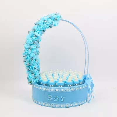Sweet Cradle Candy Display blue basket, baby shower candy basket décor, blue baby cradle basket with foam flowers, newborn candy display